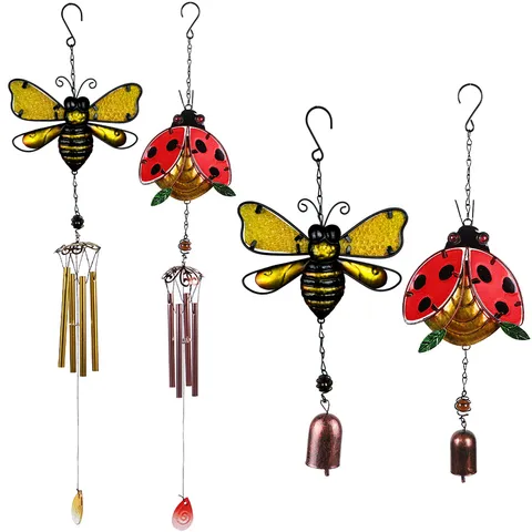 Carillon Éolien en Métal Abeille Scarabée Verre Peint Artisanat Peinture par Pulvérisation en Fer Ornement Suspendu Décoration de Jardin Maison