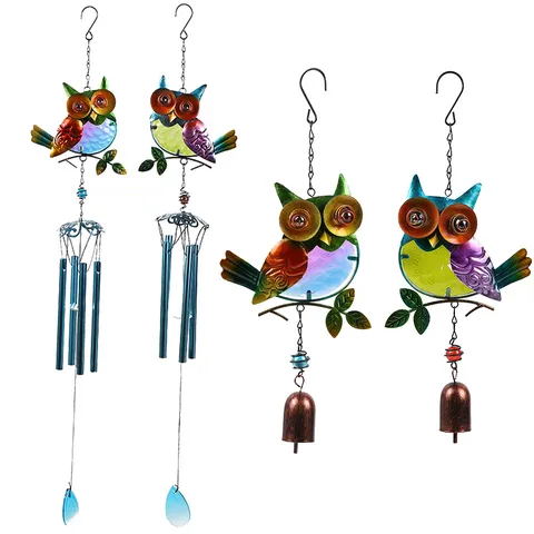 Carillon Éolien Hibou Peint en Métal et Verre Ornement Suspendu de Jardin Cloche Décoration