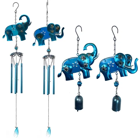 Carillon Éolien Élément Éléphant en Métal et Verre Peint Ornement Suspendu Pour Cour Jardin Balcon Décor