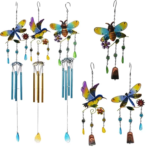 Carillon Éolien Créatif en Fer et Verre Peint Oiseau Abeille Libellule Jardin Ornement Suspendu Pendentif Acrylique Décoration