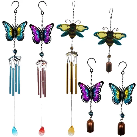 Ornement Suspendu de Carillon Éolien Papillon Abeille Peint en Verre d'Art en Fer Fait Main pour Décor de Jardin