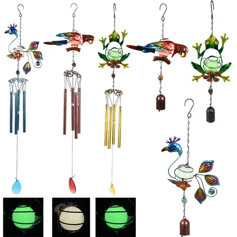 Carillon Éolien en Métal Fer Boule Lumineuse Brillante Paon Perroquet Grenouille Ornement Suspendu Jardin Maison