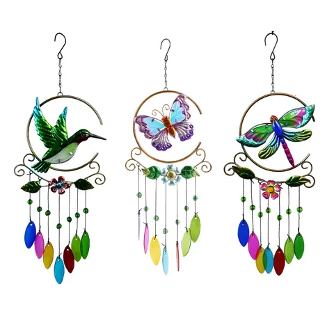 Carillon Éolien en Métal Colibri Papillon Libellule Pendentifs en Verre Coloré Art en Fer Ornement Suspendu Pour Jardin Décoration Maison