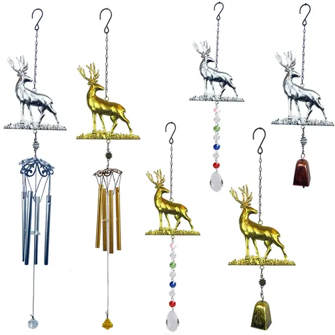 Carillon Éolien de Noël en Métal Fer Cerf Ornement Suspendu Avec Cloches Perles de Cristal et Tubes en Aluminium Pour Décoration Maison Fête