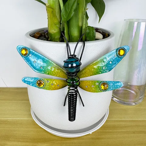Iron Dragonfly Garden Pot Hangers Metal Painted Glass Wings Rhinestone Dragonfly Fence Decor Outdoor Hanging Ornaments Patio Backyard Statues