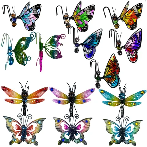 Ornement Suspendu de Pot de Fleurs Papillon Libellule Peint en Verre Métal Plante en Pot Jardin Extérieur Artisanat Décoratif