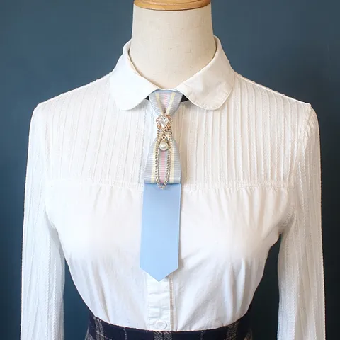 Preppy Style Houndstooth Plaid Small Tie Women Men Vintage Rhinestone Pearl Chain Decorative Necktie Uniform Accessories