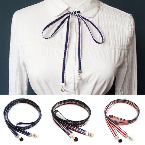 Preppy Style Women Cotton Ribbon Bow Tie Necktie Fashion Casual Collared Shirt Accessories With Pearl Heart Pendant