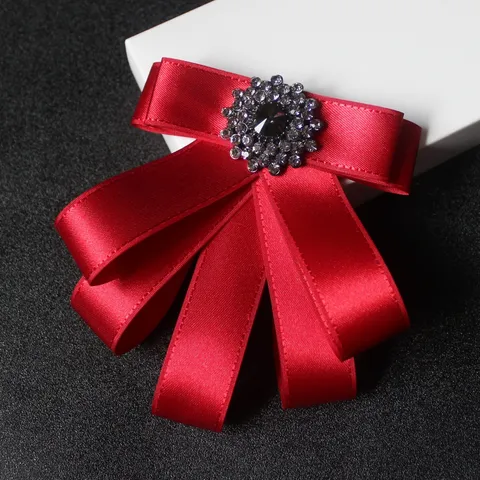 Men Women Business Bow Tie Brooch Rhinestone Satin Ribbon Lapel Pin Wedding Suit Collar Accessories