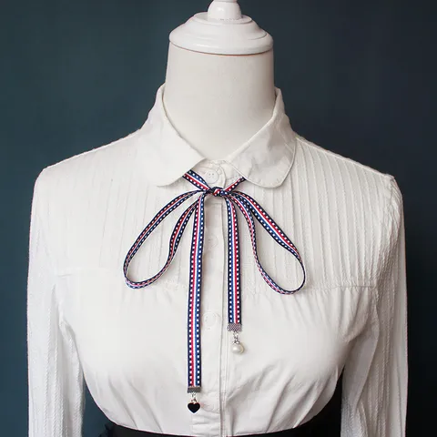 Preppy Style Women Cotton Ribbon Bow Tie Necktie Fashion Casual Collared Shirt Accessories With Pearl Heart Pendant