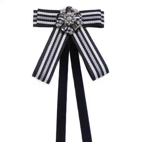 Preppy Style Women Ribbon Bow Tie College Uniform Shirt Brooch Rhinestone Necktie Jewelry