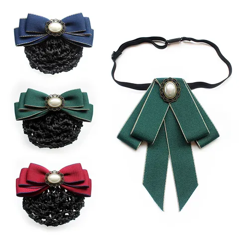 Damen Professionelle Uniform Kragen Fliege Und Haarnetz Set Bank Krankenschwester Uniform Schleife Brosche Formelle Arbeitskleidung Haarschmuck