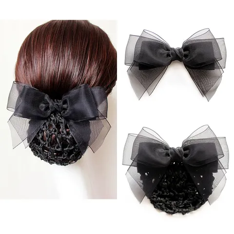 Minimalist Alloy And Gauze Bow Hair Clip With Hairnet Professional Office Hair Accessories For Women Hair Styling