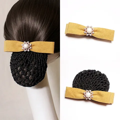 Women Hair Net Bow Hair Clip Rhinestone Pearl Hairpins Professional Office Hair Accessories For Nurse Stewardess