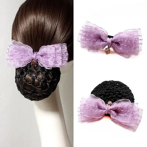 Women Elegant Bow Hair Net Clip Professional Work Hair Accessory With Organza Bow And Pendant Mesh Hair Bun Cover