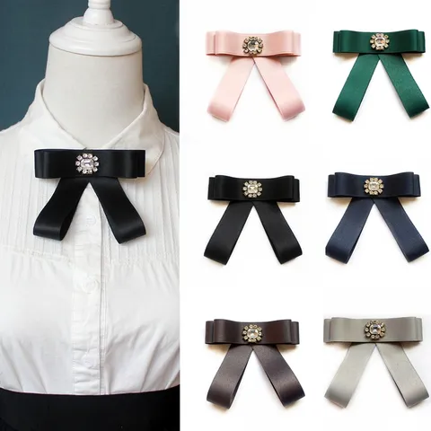 Women JK Uniform Bow Tie Satin Collar Flower With Rhinestone Crystal Brooch Elegant Pre-tied Necktie Neckwear Accessory