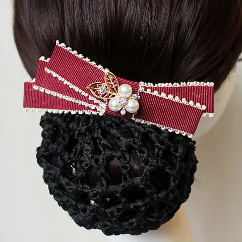 Professional Hair Net Bow Hair Clip Rhinestone Artificial Pearl Hair Accessories For Workplace Women Elegant Hair