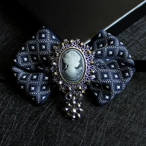 Vintage Cameo Brooch Bow Tie For Men Women Elegant Rhinestone Ribbon Cravat Formal Suit Uniform Wedding Party Neckwear