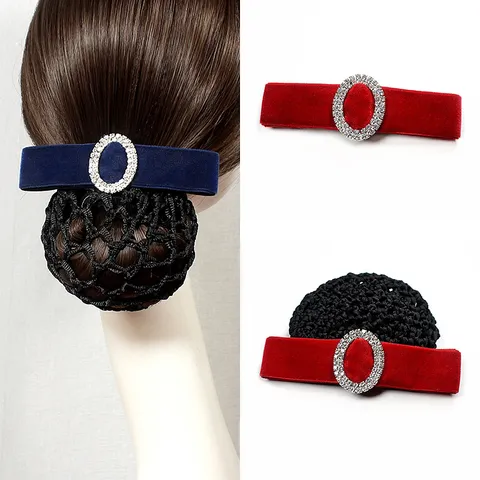 Professional Hair Net Hair Clip Velvet Rhinestone Oval Buckle Headwear Elegant Office Work Hair Accessory For Women
