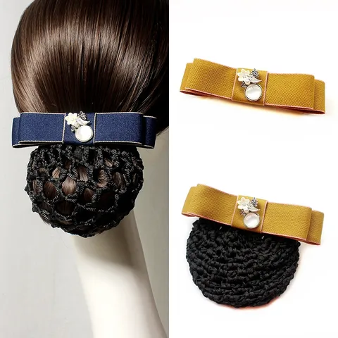 Professional Bow Hair Net Clip Elegant Ribbon Hairpin With Artificial Pearl Alloy For Women Work Office Hair Accessories