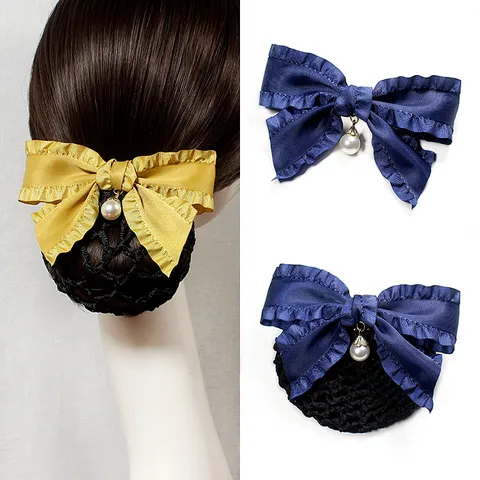 Professional Hair Net Bowknot Hair Clip Satin Bow Hairnet with Pearl Pendant Elegant Hair Accessory for Office Women