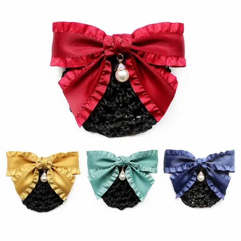 Professional Hair Net Bowknot Hair Clip Satin Bow Hairnet with Pearl Pendant Elegant Hair Accessory for Office Women