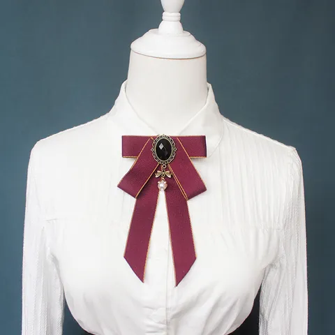 Women JK Uniform Bow Tie Ribbon Collar Flower Vintage Alloy Black Gem Artificial Pearl Brooch Neckwear Fashion Accessories