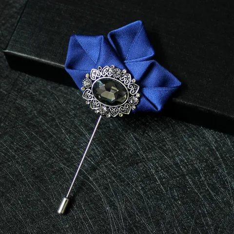 Men Suit Collar Pin Brooch Alloy Rhinestone Fabric Flower Boutonniere Lapel Pin Sweater Cardigan Decor Jewelry