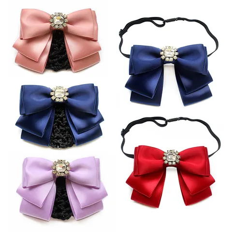 Women Satin Bow Hair Clip And Collar Flower Set Elegant Rhinestone Hair Accessories For Professional Uniform Daily Wear