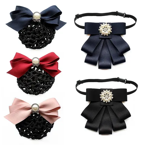 Professional Ribbon Bow Tie And Hairnet Hair Clip Set Women Office Uniform Collar Flower Rhinestone Artificial Pearl Accessories