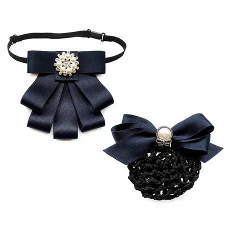 Professional Ribbon Bow Tie And Hairnet Hair Clip Set Women Office Uniform Collar Flower Rhinestone Artificial Pearl Accessories