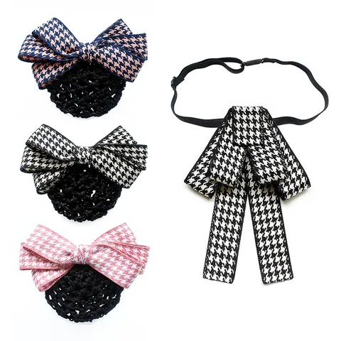 Professional Houndstooth Bowknot Hairnet Bun Cover And Collar Flower Bow Tie Set Women Office Uniform Hair Accessories