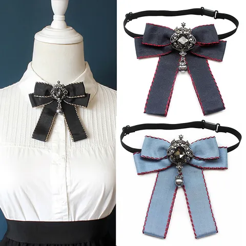 Women Gothic Vintage Ribbon Bow Tie Brooch Rhinestone Pearl Pendant Collar Flower College Uniform Accessories