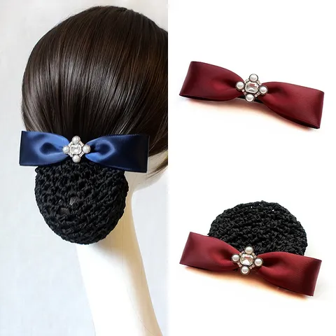 Minimalist Alloy Rhinestone Pearl Bowknot Hair Net Hair Clip Elegant Work Hair Accessories For Women