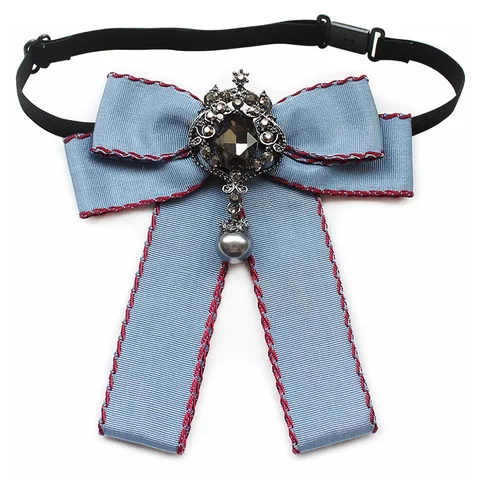 Women Gothic Vintage Ribbon Bow Tie Brooch Rhinestone Pearl Pendant Collar Flower College Uniform Accessories