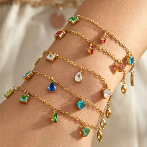 Fashion Stainless Steel Colorful Zirconia Water Drop Geometric Pendant Chain Bracelet Anklet For Women Ins Style Jewelry