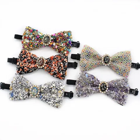 Handmade Crystal Rhinestone Bow Tie Men Wedding Party Bowtie Shell Crushed Stone Elegant Neckwear