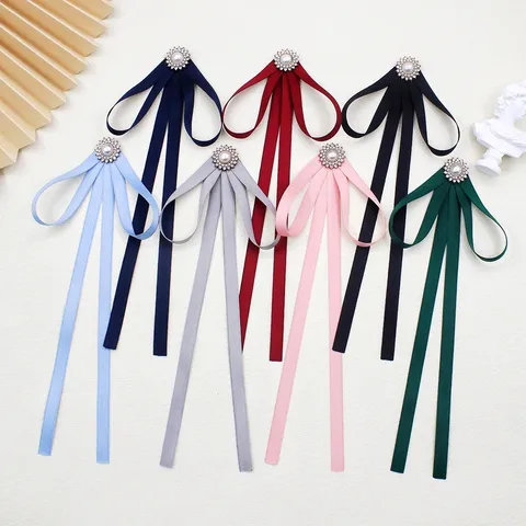 JK Uniform Ribbon Bow Tie Women Fashion Accessories Polyester Silk Artificial Pearl Rhinestone Decorated Collar Flower Brooch Pin