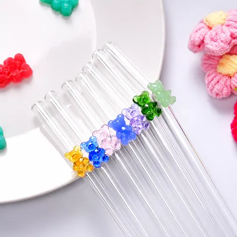 Mignon Dessin Animé Petit Ours Paille en Verre Résistante à la Chaleur Borosilicate Réutilisable