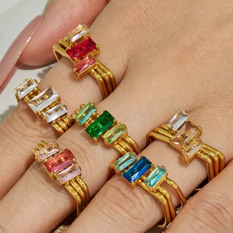 Luxury Stainless Steel Open Ring Multi-Layer Geometric Rectangle Rhinestone Adjustable Finger Ring For Women Fashion Jewelry Accessories