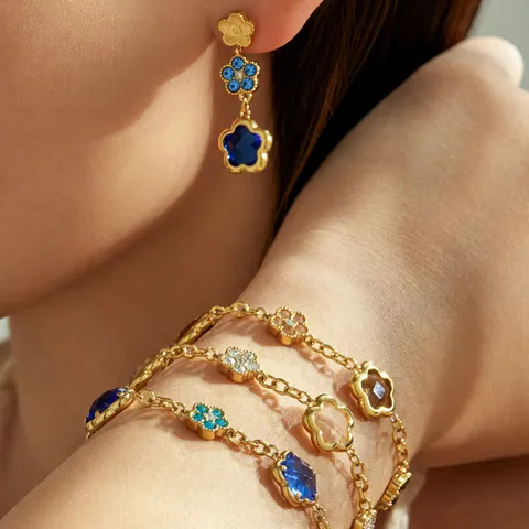 French Vintage Stainless Steel Gold Plated Flower Earrings Bracelet Set Glass Zirconia Jewelry For Women Party Gift