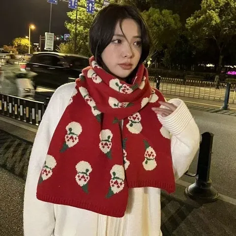 Sciarpa Calda in Imitazione Cashmere Invernale Natale Pupazzo di Neve Quadri Fiocco Ricamo Foulard Morbido Moda Donna Sciarpa