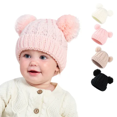 Bébé Enfant Chaud Tricot Bonnet Mignon Double Pompon Torsadé Hiver Casquette Pour Tout-Petits Garçons Filles Couleur Unie