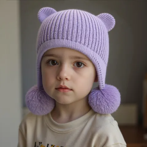 Gorro de Punto para Niños con Orejas de Oso Lindo Doble Pom Pom Otoño Invierno Cálido A prueba de viento Orejeras Beanie Acrílico