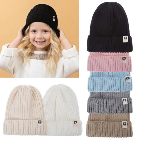 Gorro de Punto Cálido de Invierno para Niños Unisex Linda Etiqueta Tejida Color Sólido Gorro Pullover Niños Sombreros de Exterior Diarios