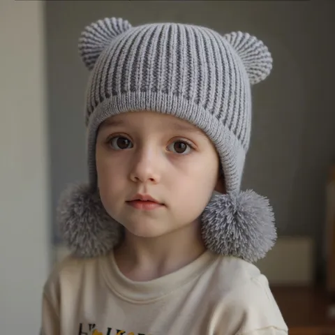 Gorro de Punto para Niños con Orejas de Oso Lindo Doble Pom Pom Otoño Invierno Cálido A prueba de viento Orejeras Beanie Acrílico