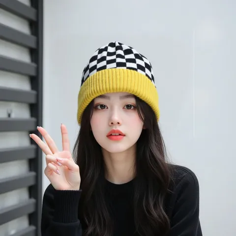 Conjunto De Gorro De Punto Y Guantes A Cuadros Para Mujer Invierno Cálido Acrílico Casual Gorro Elegante