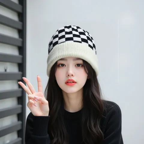 Conjunto De Gorro De Punto Y Guantes A Cuadros Para Mujer Invierno Cálido Acrílico Casual Gorro Elegante