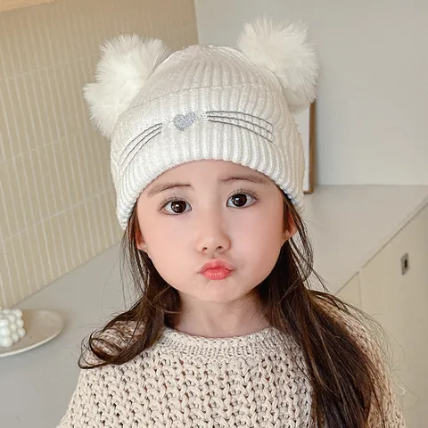 Kids Winter Warm Knitted Beanie Hat Cute Cat And Unicorn Embroidery Fur Pom Pom Cap For Children Daily Wear