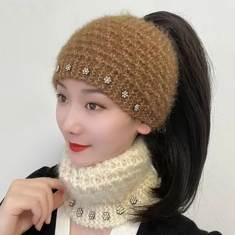 Mujeres Invierno Espesado Tejido a Mano Diadema de Punto Bufanda Protección para los Oídos Pedrería Floral Cálido Banda Ancha para el Cabello